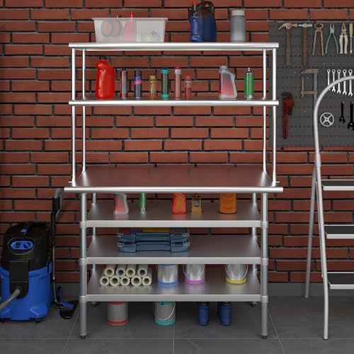 24" x 48 Stainless Steel Work Table with 3 Shelves and 18" Wide Double Tier Overshelf