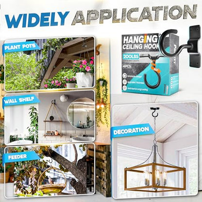 4Pcs 200LB Rotatable Ceiling Hook Wall Mount Metal Hanger for Hanging Plant (4 Count)