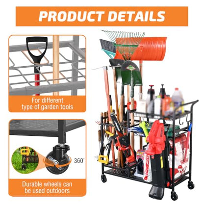 Rolling Garden Tool Organizer with Shelves and Hooks