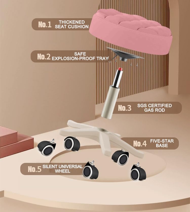 Small Chair Round Rolling Stool with Wheels PU Leather Height Adjustable Swivel Drafting Work SPA Salon Stools Home Office Chair (2 Count)