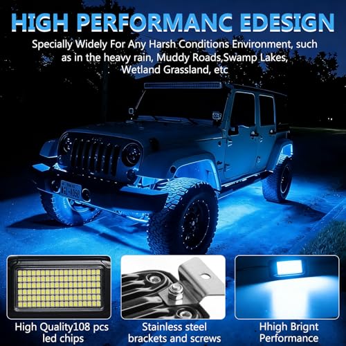 108 High Power LEDs per Pod 4Pods Pure Blue Rock Lights Ultra