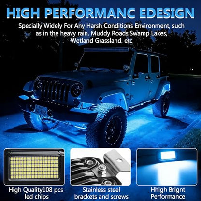 108 High Power LEDs per Pod 4Pods Pure Blue Rock Lights Ultra