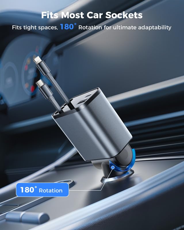 Smaller 4 in 1 Retractable Car Charger with Type C & L Cords