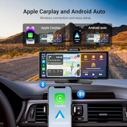 10.26 Inch Wireless CarPlay & Android Auto Car Display with 1080P Dash Cam & Backup Camera All