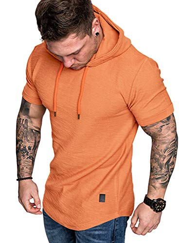 Mens Fashion Hoodies Sport Pullover Solid Color Shirt Workout Lightweight Tops Orange XX