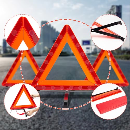 3Pack Car Warning Triangle Heavy Reflective Warning Road Safety Triangle Kit Suitable for car Breakdown and Temporary Parking on the Road