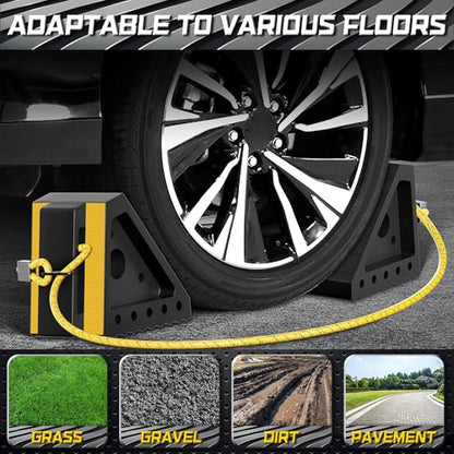 4 Pack Heavy Duty Wheel Chocks with 39" Rope & Dual Reflective Strips