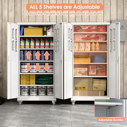 71" White Metal Storage Cabinet with Wheels and Pegboard