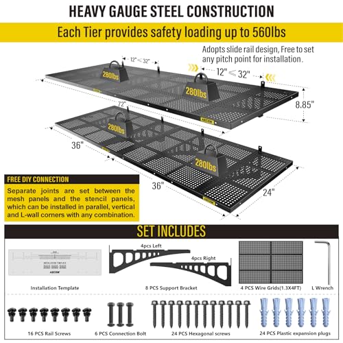 4 Pack 2x3ft Adjustable Garage Wall Shelving 1120lbs Load Capacity Heavy Duty Wall Mounted Storage Shelf Metal Floating Shelves for Garage (2 Count)