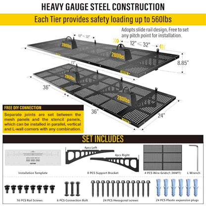 4 Pack 2x3ft Adjustable Garage Wall Shelving 1120lbs Load Capacity Heavy Duty Wall Mounted Storage Shelf Metal Floating Shelves for Garage (2 Count)
