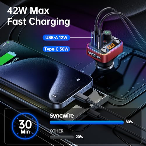 Bluetooth 5.4 FM Transmitter Car Adapter 42W [Light Switch] [Stronger Dual Mics] [HiFi Deep Bass] [Fast Charging] Wireless FM Radio Music Adapter Hands