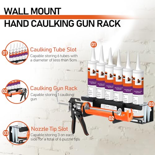 Wall Mount Caulking Gun Rack Holds 6 Caulk Tubes & Nozzles