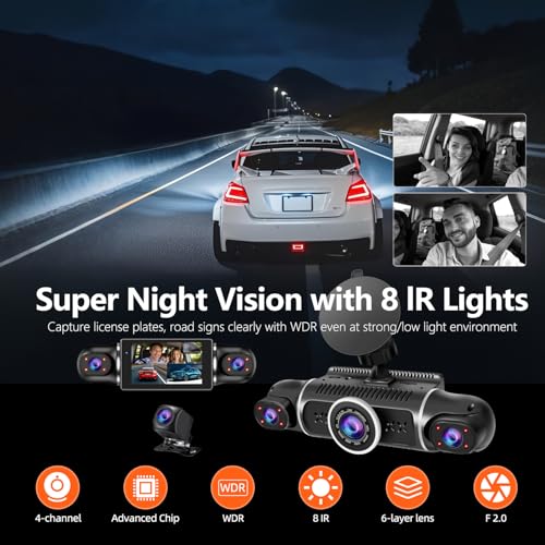 360° Dash Cam Front and Rear View 4 Channel Dash Camera FHD 2K+1080Px3 for Car