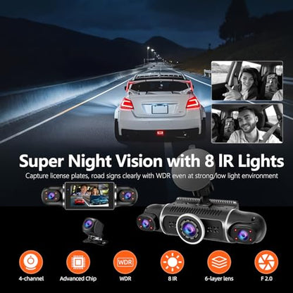 360° Dash Cam Front and Rear View 4 Channel Dash Camera FHD 2K+1080Px3 for Car