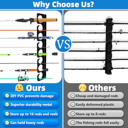 Wall or Ceiling Fishing Rod Storage Rack Vertical Horizontal Holder with 16 Capacity Fishing Rods Reels Mounted Roof Carrier Hooks Hanger for Garage Cabin and Basement Gear Accessories (4 Count)