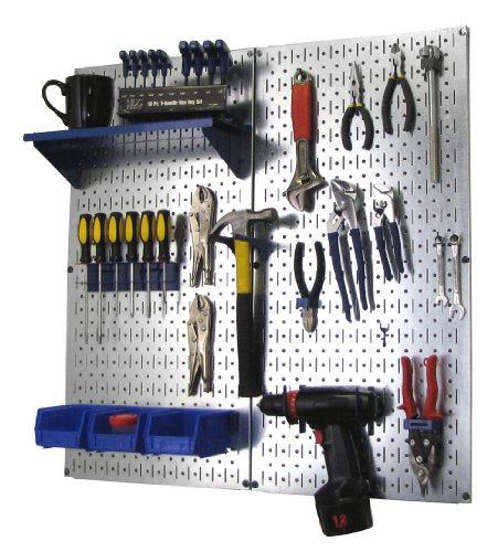 Metal Pegboard Organizer Utility Tool Storage and Garage Pegboard Organizer Kit with Metallic Tool Board and Blue Accessories
