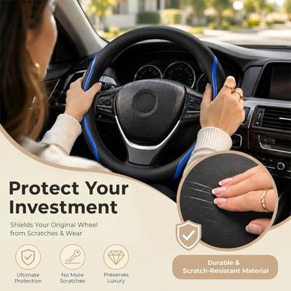 Steering Wheel Cover Blue and Black Leather Universal 14.5