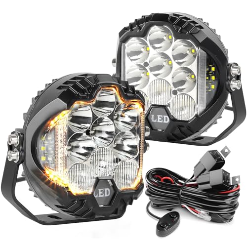 2PCS 7 Inch White Round Side Shooter Offroad Fog Lights Amber DRL 90W 3 Modes 270° Wide Range Super Bright LED Pods Light Kit with Wiring Harness for Pickup Truck ATV UTV SUV