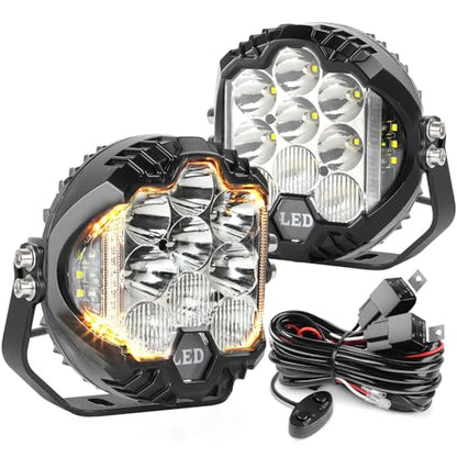 2PCS 7 Inch White Round Side Shooter Offroad Fog Lights Amber DRL 90W 3 Modes 270° Wide Range Super Bright LED Pods Light Kit with Wiring Harness for Pickup Truck ATV UTV SUV