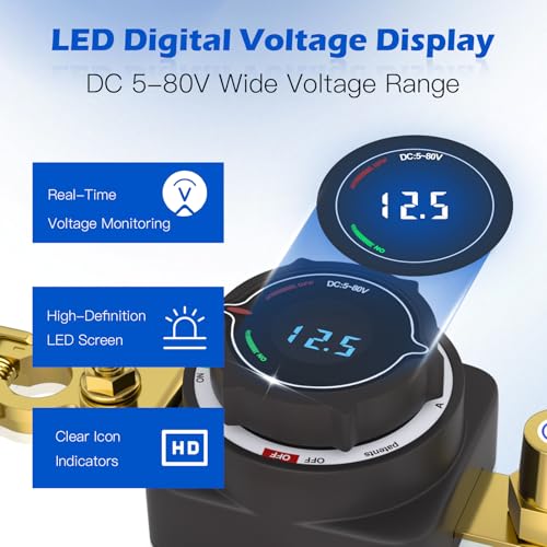 DC 5 80V Top Post Battery Disconnect Switch with Digital Voltmeter
