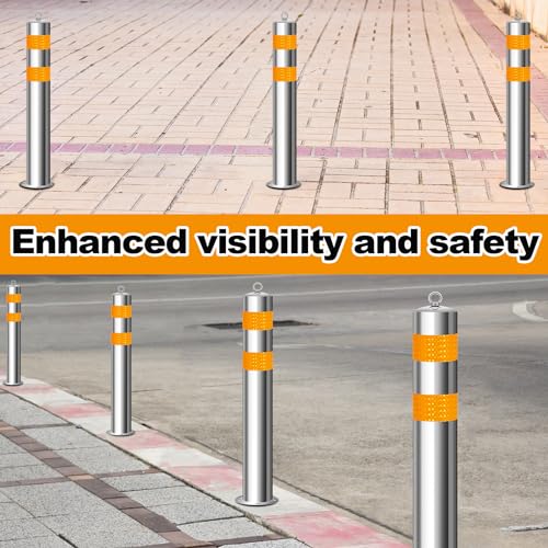 31.5 Inch Stainless Steel Bollard Post with Anchor Bolts Parking Barrier Block Safety Bollard Covers with Reflective Strips and Hanging Ring for Parking Lots Driveways Garage Pathways