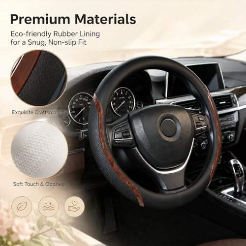 Black Steering Wheel Cover Wood Grain Leather Universal 14.5" (3 Count)