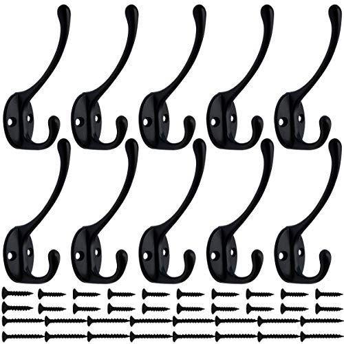 10 Pack Black Double Coat Hooks No Rust Hooks for Coat (10 Count)