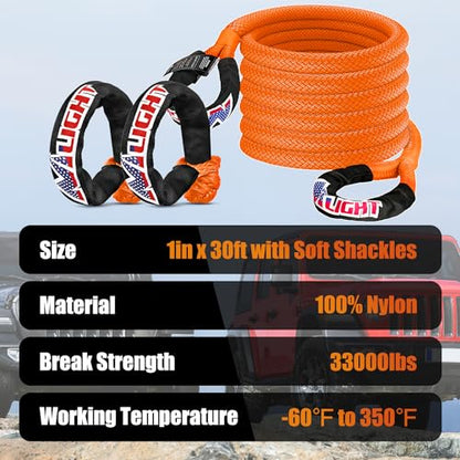 Kinetic Recovery Tow Rope Kit with 2 Soft Shackle 1" x 30ft Heavy Duty Offroad Tow Rope Snatch Strap Towing Strap kit