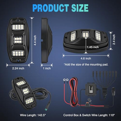RGBW LED Rock Lights Kit 8 Pods 22 LEDs Wide Angle Lighting (16 Ounce)