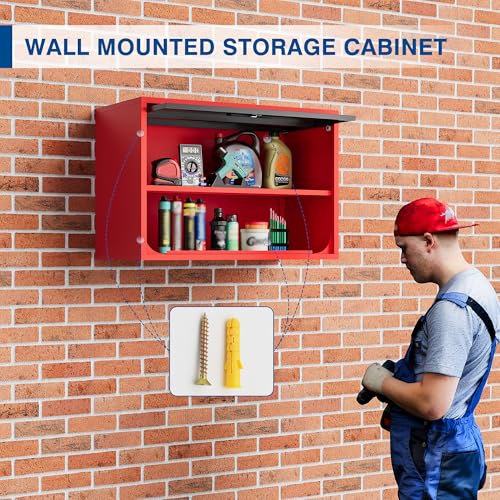 Metal Storage Cabinet Black Red Wall Cabinets with Shelf and Locking Door