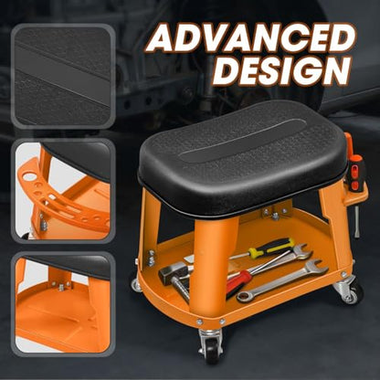Removable Rolling Garage Stool with Seat Cushion & Tool Tray Plate