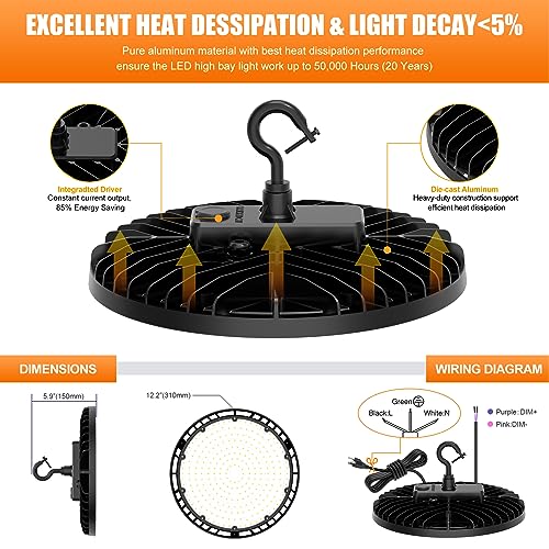 2 Pack LED High Bay Light 150W 120W 90W Adjustable with AC120V Plug