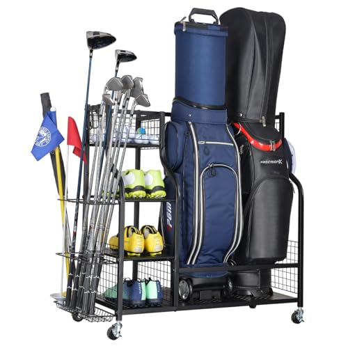2 Golf Bag Rack Garage Storage Organizer Metal Black Golf Clubs Stand