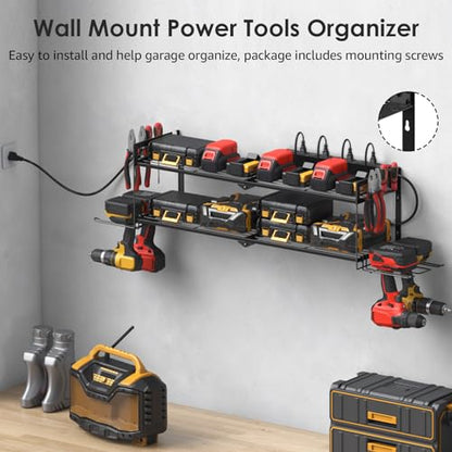 Large Garage Tools Storage with Charging Station. Power Tool Battery Organizer Utility Shelf with Power Strip. 4 Drills Holder Wall Mount Rack. (7.6 Count)