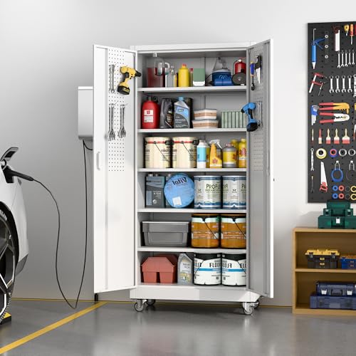 71" White Metal Storage Cabinet with Wheels and Pegboard