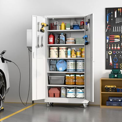 71" White Metal Storage Cabinet with Wheels and Pegboard