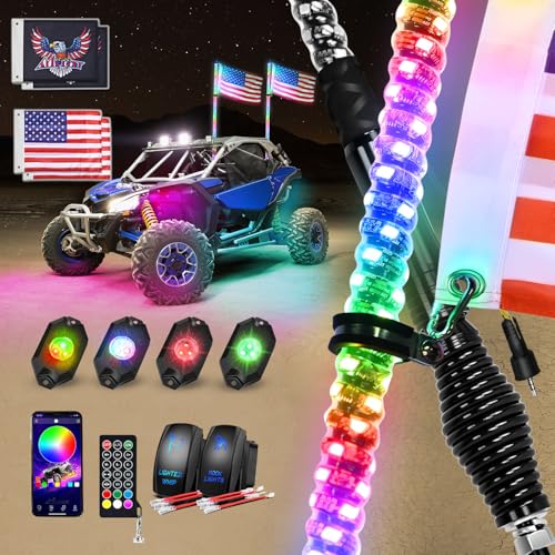 RGB LED Whip Light 2PCS 3FT with 4 Rock Lights Combo
