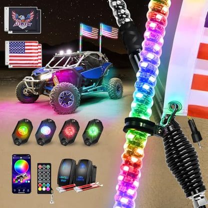 RGB LED Whip Light 2PCS 3FT with 4 Rock Lights Combo