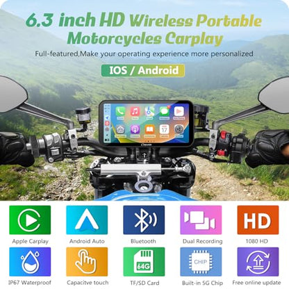 W603D 6.3" Motorcycle GPS Carplay Screen with 1080P Dual Cameras