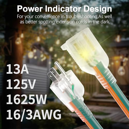 Indoor Outdoor Extension Cord 25 FT with Lighted 16