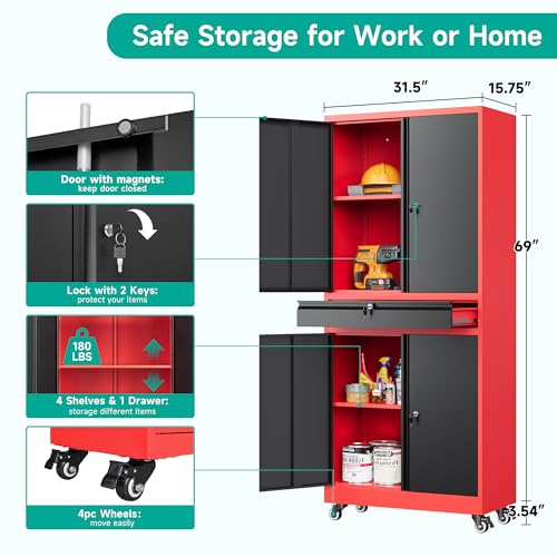 Metal Storage Cabinet with Wheels and Drawer