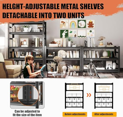 Book Shelf, 5-Tier Metal Bookshelf, Heavy Duty Steel Bookcases, Large Storage Capacity Adjustable Tall Industrial Bookshelf for Living Room, Bedroom and Library, Black (5-Tier 72''Hx32''Wx16''D)