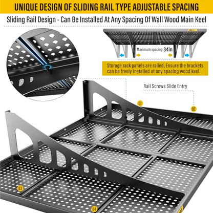2Pack 2x3ft Adjustable Metal Garage Wall Shelving Heavy Duty Garage Storage Shelf Wall Mounted Black (2 Count)