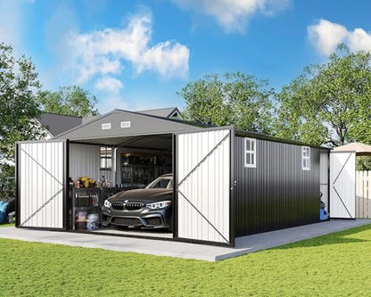 10x21x7.3 FT Metal Garage Shed with Double Hinged Doors