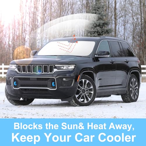 Sun Shade for Jeep Grand Cherokee 4XE 2024 Accessories Windshield Sun Shade Window Shade UV Rays Protection Sun Visor Cover with Steering Wheel Sunshade Storage Bag