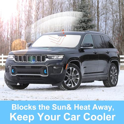 Sun Shade for Jeep Grand Cherokee 4XE 2024 Accessories Windshield Sun Shade Window Shade UV Rays Protection Sun Visor Cover with Steering Wheel Sunshade Storage Bag