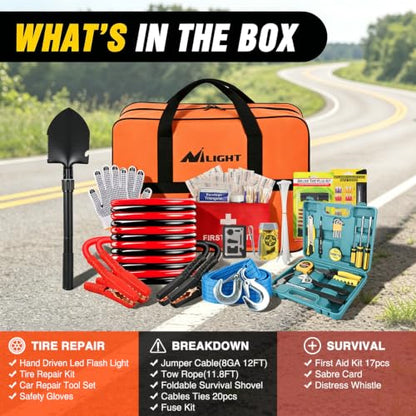 Car Roadside Emergency Kit with Jumper Cables Repair Tool Sets