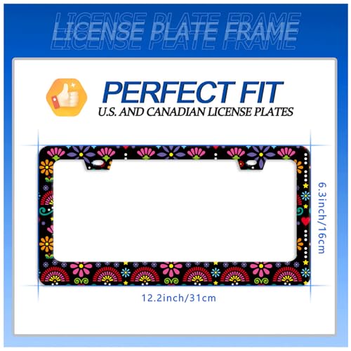 Folk Flowers License Plate Frame Stainless Steel Accessory 12.3x6.3 Inch