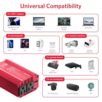 300W Power Inverter DC 12V to 110V AC Car Outlet Adapter with USB