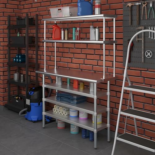 18" x 48" Stainless Steel Work Table with 3 Shelves and 12" Wide Double Tier Overshelf